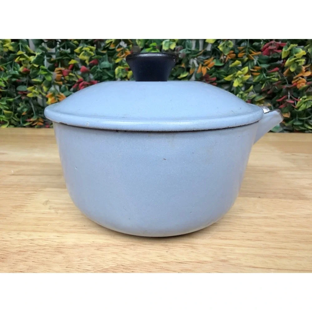 Le Creuset Vintage Blue Enamel Cast Iron Saucepan Teak Wood Handle 14 France